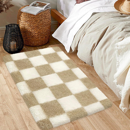 Soft Shag Fluffy Small Rug for Bedroom, 2x3 Washable Fuzzy Beige Checkered Rug for Living Room Indoor Entryway Throw Rugs for Kids Girls Boys Room Nursery