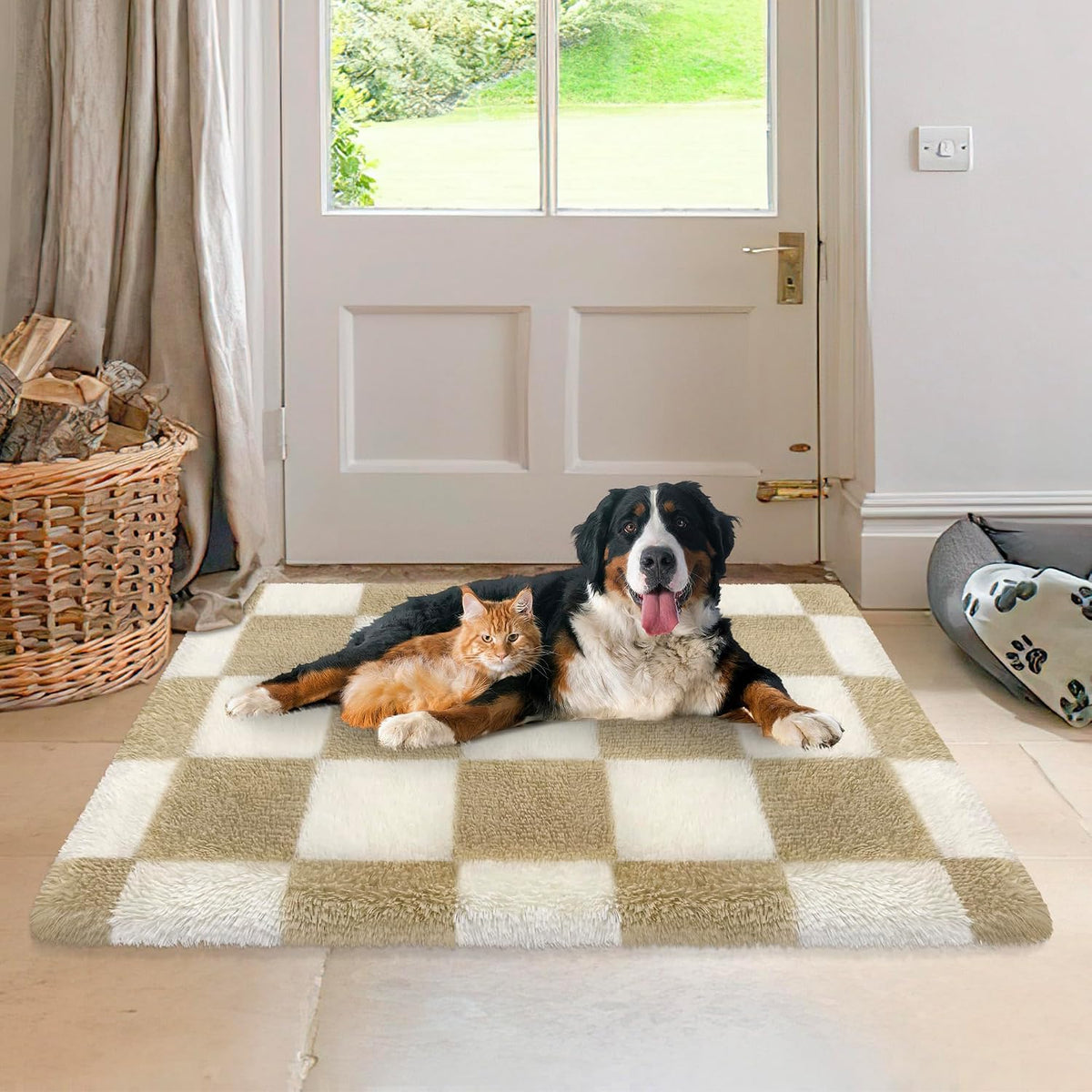 Soft Shag Fluffy Small Rug for Bedroom, 2x3 Washable Fuzzy Beige Checkered Rug for Living Room Indoor Entryway Throw Rugs for Kids Girls Boys Room Nursery