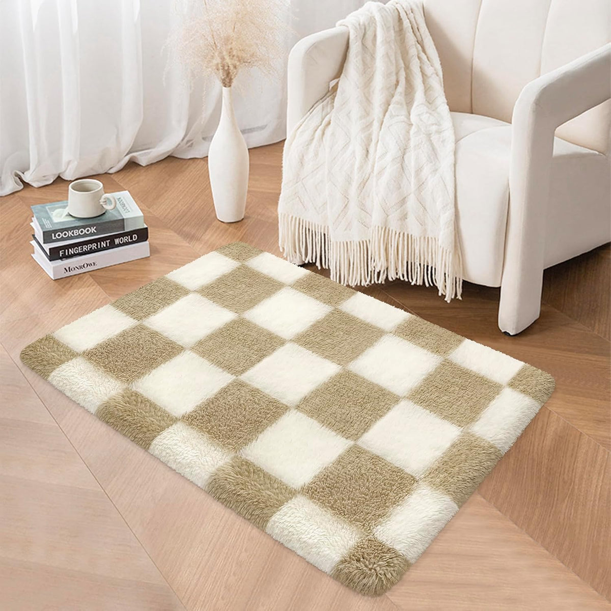 Soft Shag Fluffy Small Rug for Bedroom, 2x3 Washable Fuzzy Beige Checkered Rug for Living Room Indoor Entryway Throw Rugs for Kids Girls Boys Room Nursery