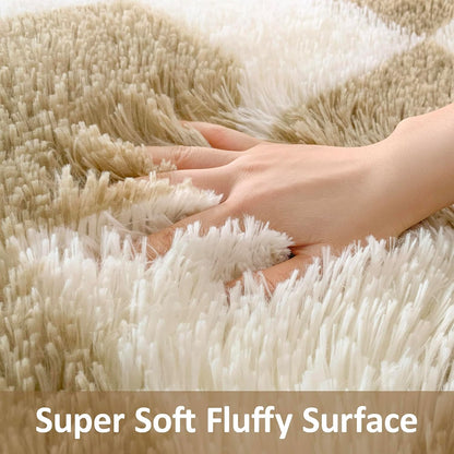 Soft Shag Fluffy Small Rug for Bedroom, 2x3 Washable Fuzzy Beige Checkered Rug for Living Room Indoor Entryway Throw Rugs for Kids Girls Boys Room Nursery