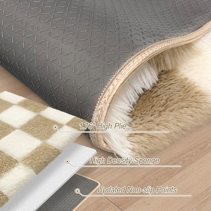 Soft Shag Fluffy Small Rug for Bedroom, 2x3 Washable Fuzzy Beige Checkered Rug for Living Room Indoor Entryway Throw Rugs for Kids Girls Boys Room Nursery