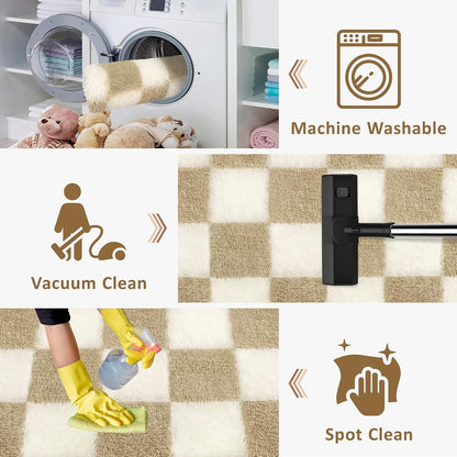 Soft Shag Fluffy Small Rug for Bedroom, 2x3 Washable Fuzzy Beige Checkered Rug for Living Room Indoor Entryway Throw Rugs for Kids Girls Boys Room Nursery