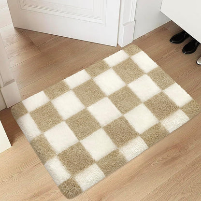Soft Shag Fluffy Small Rug for Bedroom, 2x3 Washable Fuzzy Beige Checkered Rug for Living Room Indoor Entryway Throw Rugs for Kids Girls Boys Room Nursery