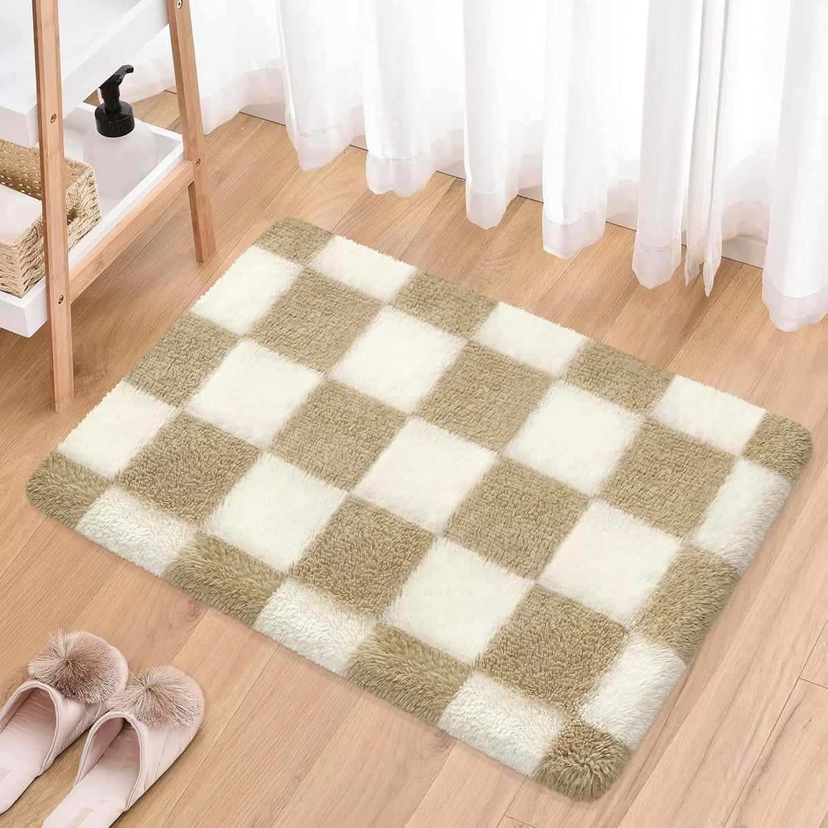 Soft Shag Fluffy Small Rug for Bedroom, 2x3 Washable Fuzzy Beige Checkered Rug for Living Room Indoor Entryway Throw Rugs for Kids Girls Boys Room Nursery