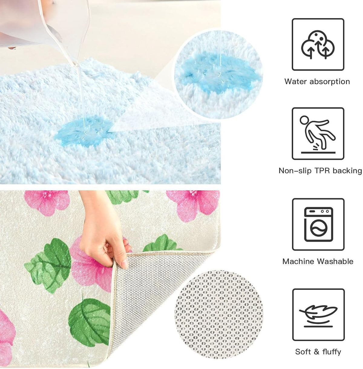 Soft Pink Flowers Bathroom Rug, Non Slip Dry Quickly Bath Mat, Absorbent Soft Bath Rug, Home Decor Accessories, 24"x16"