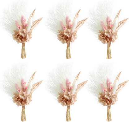 Miniature Dried Flower Bouquet (Pack of 6), Small Dried Pampas Grass, Small Dried Flowers for Crafts, Birthday Cake Bridesmaid Gift Box, Card Envelope Decoration. (Dusty Pink)