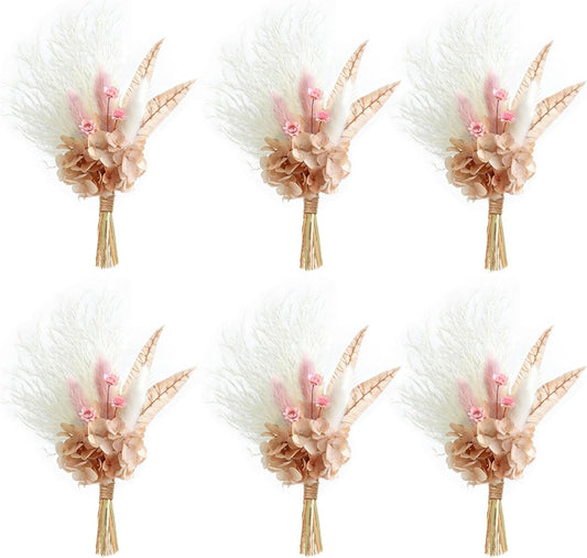 Miniature Dried Flower Bouquet (Pack of 6), Small Dried Pampas Grass, Small Dried Flowers for Crafts, Birthday Cake Bridesmaid Gift Box, Card Envelope Decoration. (Dusty Pink)