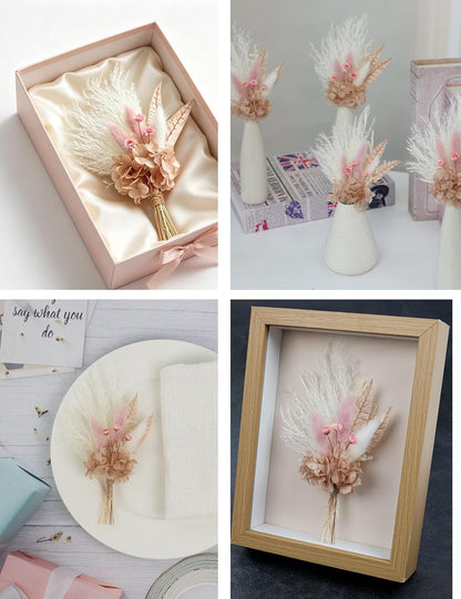 Miniature Dried Flower Bouquet (Pack of 6), Small Dried Pampas Grass, Small Dried Flowers for Crafts, Birthday Cake Bridesmaid Gift Box, Card Envelope Decoration. (Dusty Pink)