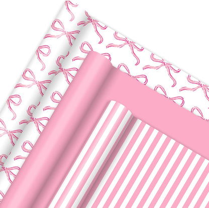 3 Rolls Bow Stripe Wrapping Paper -Mini Roll- 17In x 32.8Ft Pink White Gift Wrap Paper Cute Coquette Bowknot Craft Paper for Party Packing Supplies