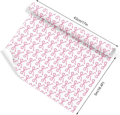 3 Rolls Bow Stripe Wrapping Paper -Mini Roll- 17In x 32.8Ft Pink White Gift Wrap Paper Cute Coquette Bowknot Craft Paper for Party Packing Supplies