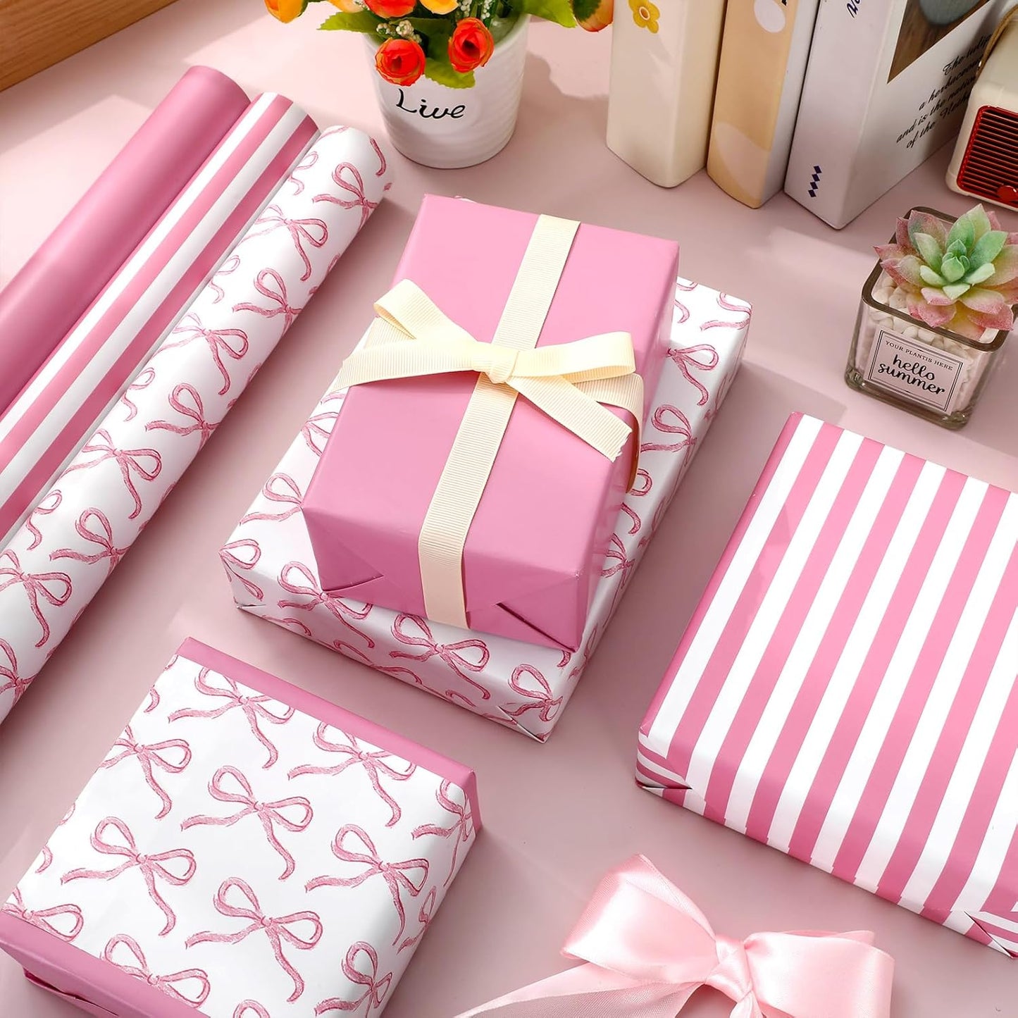 3 Rolls Bow Stripe Wrapping Paper -Mini Roll- 17In x 32.8Ft Pink White Gift Wrap Paper Cute Coquette Bowknot Craft Paper for Party Packing Supplies