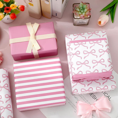 3 Rolls Bow Stripe Wrapping Paper -Mini Roll- 17In x 32.8Ft Pink White Gift Wrap Paper Cute Coquette Bowknot Craft Paper for Party Packing Supplies