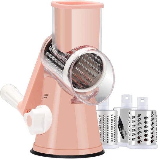 Rotary Cheese Grater with Handle, Round Mandoline Speed Kitchen Slicer, 3 in 1 Multifunctional Vegetable Shredder Manual Nut Grinder for Nuts, Potato, Carrot, Cucumber (Pink)