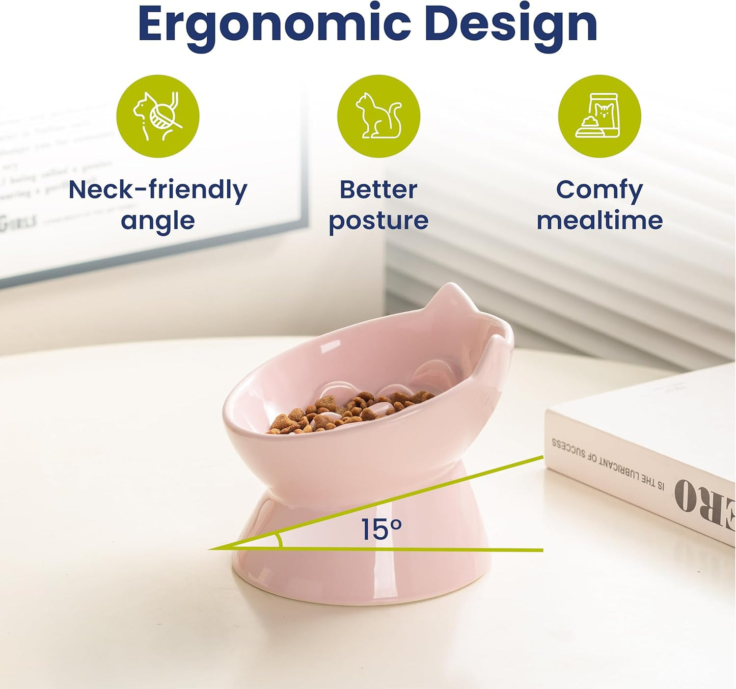 Lynx Ceramic Raised Slow Feeder Dog & Cat Bowl, Tilted 15° Elevated Pet Food Bowl, Whisker-Friendly Anti-Choking Dish, Dishwasher Safe (Quartz Pink)