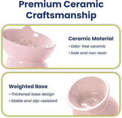 Lynx Ceramic Raised Slow Feeder Dog & Cat Bowl, Tilted 15° Elevated Pet Food Bowl, Whisker-Friendly Anti-Choking Dish, Dishwasher Safe (Quartz Pink)