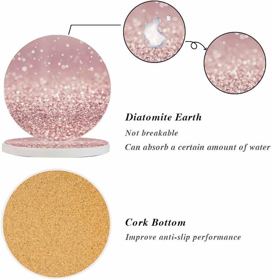 Rose Gold Coasters for Drinks Luxury Glitter Hazy Dreamlike Cups Place Mats for Home Decor Set of 2, 4 Inch
