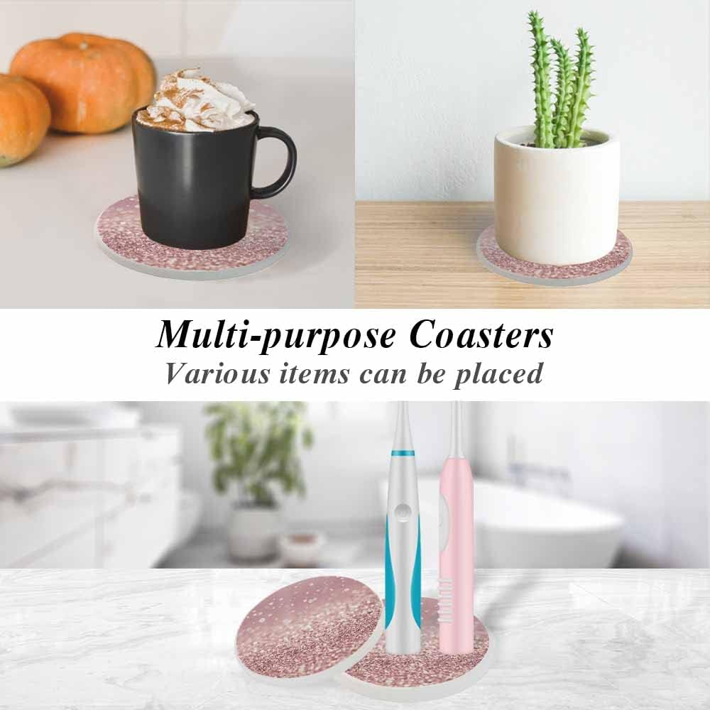 Rose Gold Coasters for Drinks Luxury Glitter Hazy Dreamlike Cups Place Mats for Home Decor Set of 2, 4 Inch