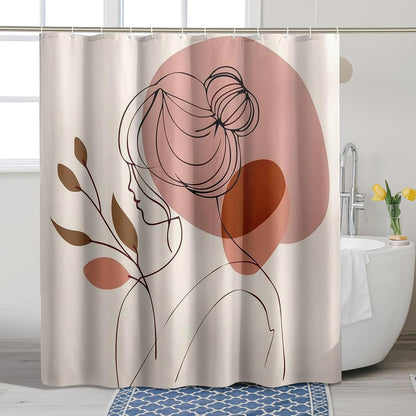 Abstract Face Line Art Shower Curtain, Peach and Brown Modern Minimalistic Waterproof Fabric Shower Curtain for Bathroom Decor, Spring Summer Home Decoration Set with Hooks 62x72 Inch