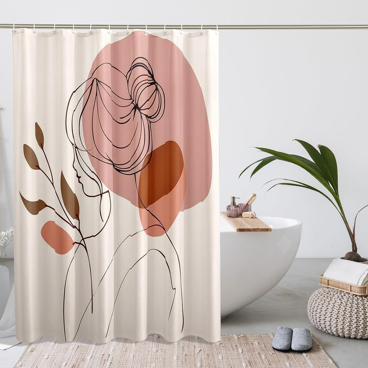 Abstract Face Line Art Shower Curtain, Peach and Brown Modern Minimalistic Waterproof Fabric Shower Curtain for Bathroom Decor, Spring Summer Home Decoration Set with Hooks 62x72 Inch