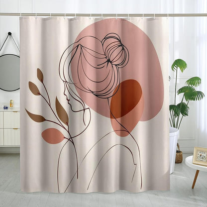 Abstract Face Line Art Shower Curtain, Peach and Brown Modern Minimalistic Waterproof Fabric Shower Curtain for Bathroom Decor, Spring Summer Home Decoration Set with Hooks 62x72 Inch