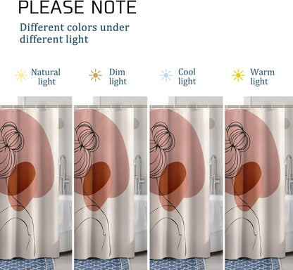 Abstract Face Line Art Shower Curtain, Peach and Brown Modern Minimalistic Waterproof Fabric Shower Curtain for Bathroom Decor, Spring Summer Home Decoration Set with Hooks 62x72 Inch