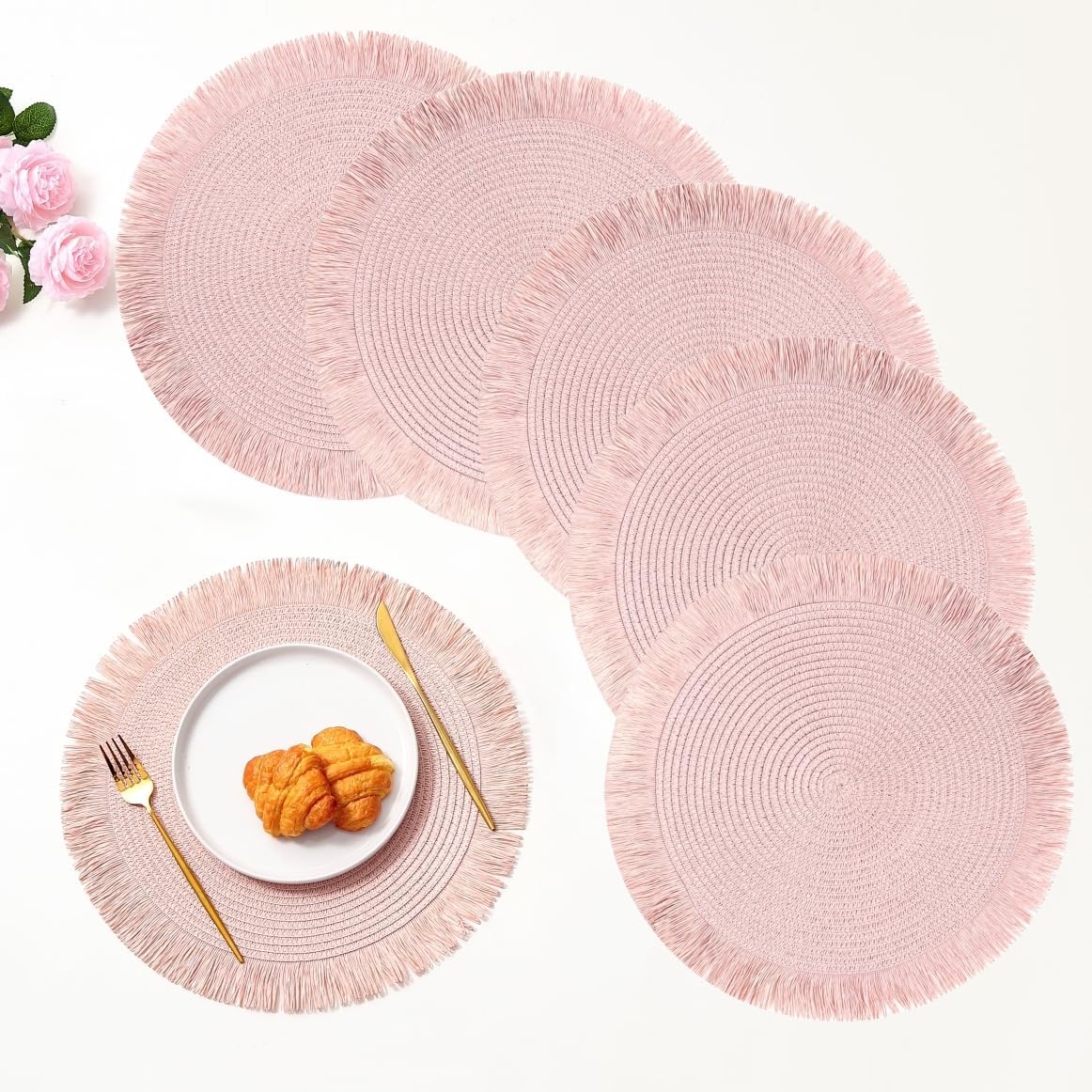 Pink Placemats Set of 6 for Dining Table, 15 Inch Paper Woven Boho Decorative Circle Place Mat for Wedding Christmas Thanksgiving Day Holiday Dinner