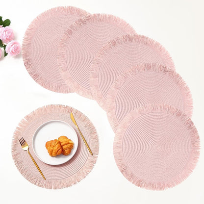 Pink Placemats Set of 6 for Dining Table, 15 Inch Paper Woven Boho Decorative Circle Place Mat for Wedding Christmas Thanksgiving Day Holiday Dinner