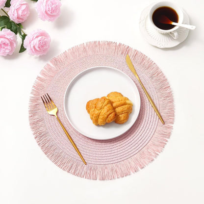 Pink Placemats Set of 6 for Dining Table, 15 Inch Paper Woven Boho Decorative Circle Place Mat for Wedding Christmas Thanksgiving Day Holiday Dinner