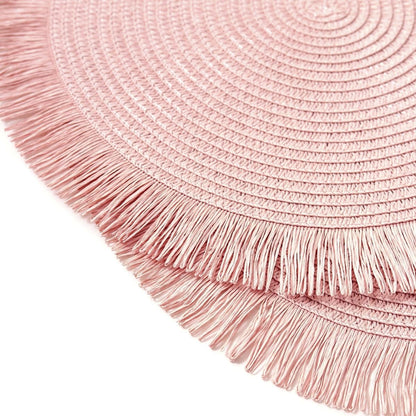 Pink Placemats Set of 6 for Dining Table, 15 Inch Paper Woven Boho Decorative Circle Place Mat for Wedding Christmas Thanksgiving Day Holiday Dinner