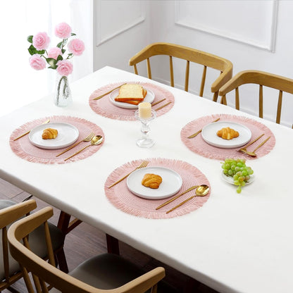 Pink Placemats Set of 6 for Dining Table, 15 Inch Paper Woven Boho Decorative Circle Place Mat for Wedding Christmas Thanksgiving Day Holiday Dinner