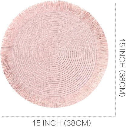 Pink Placemats Set of 6 for Dining Table, 15 Inch Paper Woven Boho Decorative Circle Place Mat for Wedding Christmas Thanksgiving Day Holiday Dinner