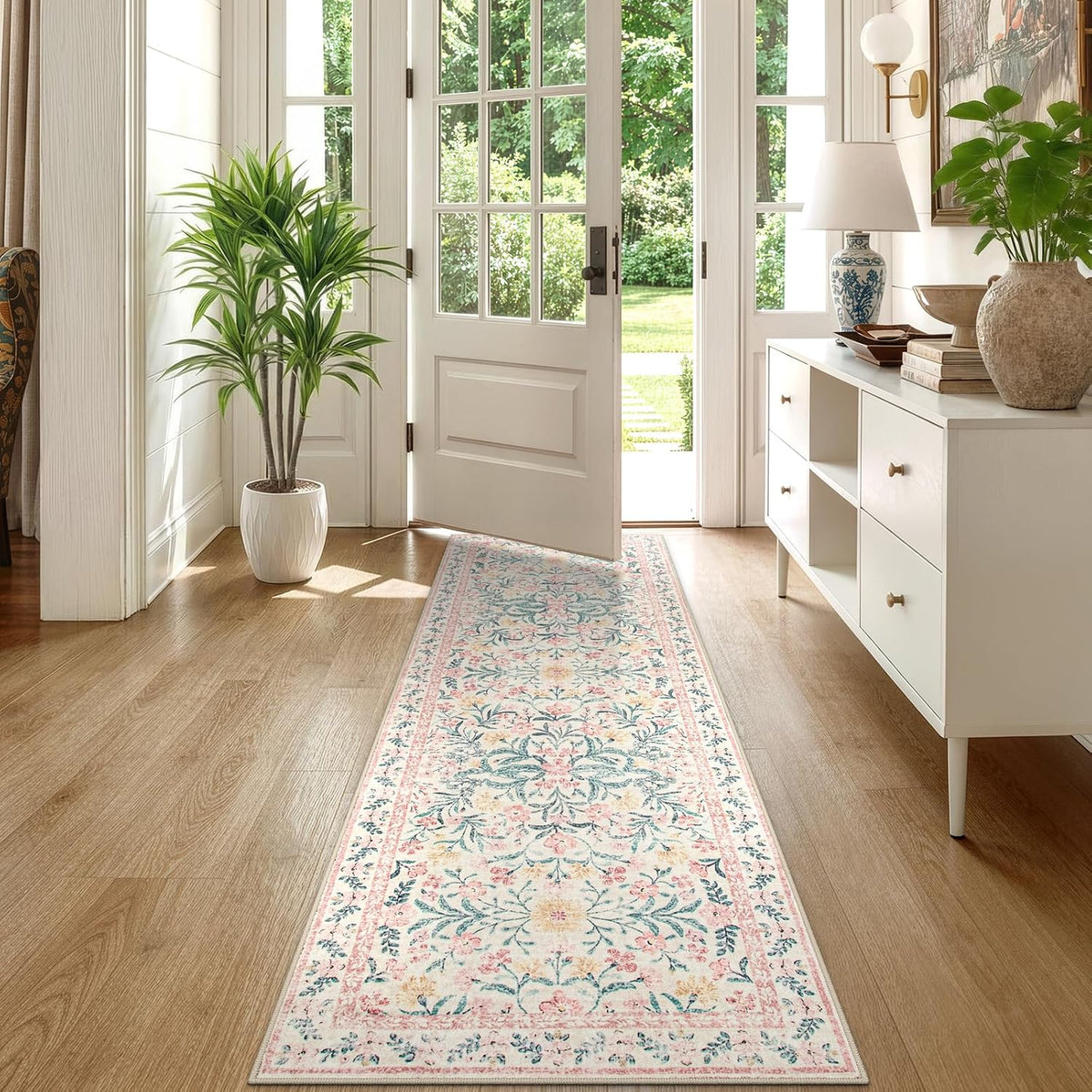 Boho Hallway Runner Rug 2x6, Pink Floral Kitchen Runner Rugs for Bedroom Girls, Washable Non Slip Super Soft Indoor Throw Carpet for Bathroom Laundry Room Entryway