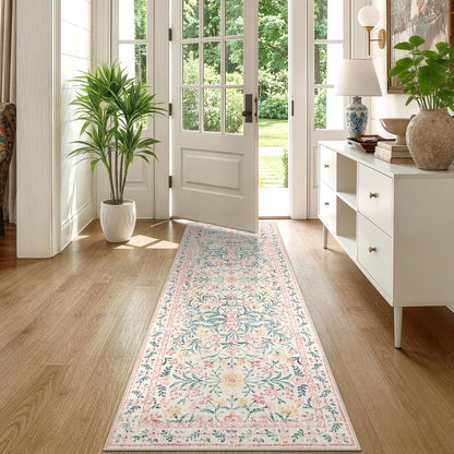 Boho Hallway Runner Rug 2x6, Pink Floral Kitchen Runner Rugs for Bedroom Girls, Washable Non Slip Super Soft Indoor Throw Carpet for Bathroom Laundry Room Entryway