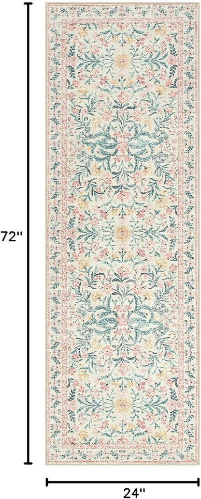 Boho Hallway Runner Rug 2x6, Pink Floral Kitchen Runner Rugs for Bedroom Girls, Washable Non Slip Super Soft Indoor Throw Carpet for Bathroom Laundry Room Entryway