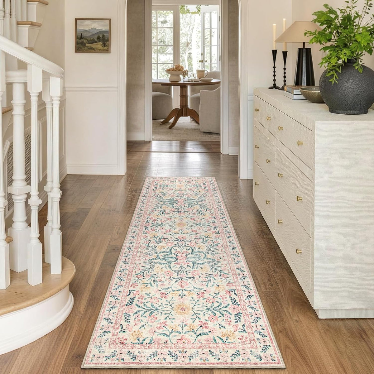 Boho Hallway Runner Rug 2x6, Pink Floral Kitchen Runner Rugs for Bedroom Girls, Washable Non Slip Super Soft Indoor Throw Carpet for Bathroom Laundry Room Entryway