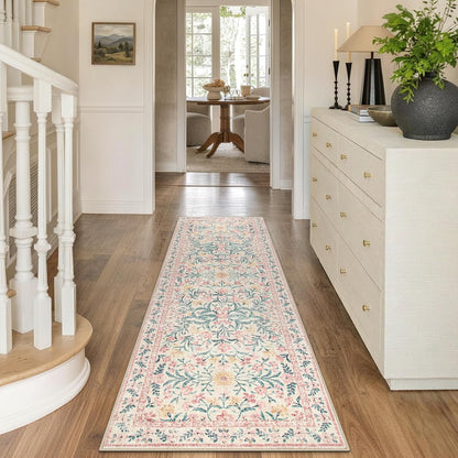 Boho Hallway Runner Rug 2x6, Pink Floral Kitchen Runner Rugs for Bedroom Girls, Washable Non Slip Super Soft Indoor Throw Carpet for Bathroom Laundry Room Entryway