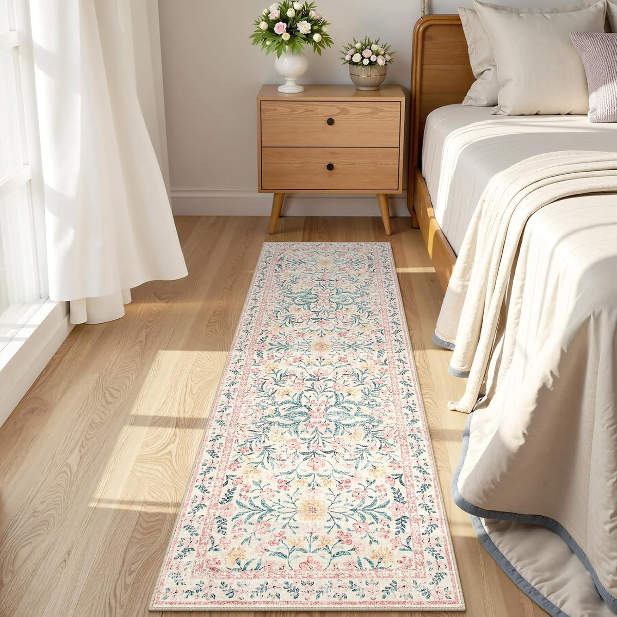 Boho Hallway Runner Rug 2x6, Pink Floral Kitchen Runner Rugs for Bedroom Girls, Washable Non Slip Super Soft Indoor Throw Carpet for Bathroom Laundry Room Entryway