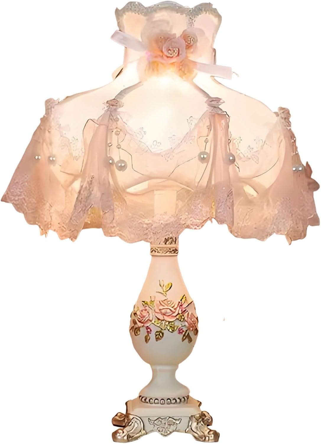 Victorian Table Lamp with E26 Bulb and Button Switch Pink European Style Desk Lamp with Fabric Shade European Vintage Lights for Bedroom Living Room Office Study