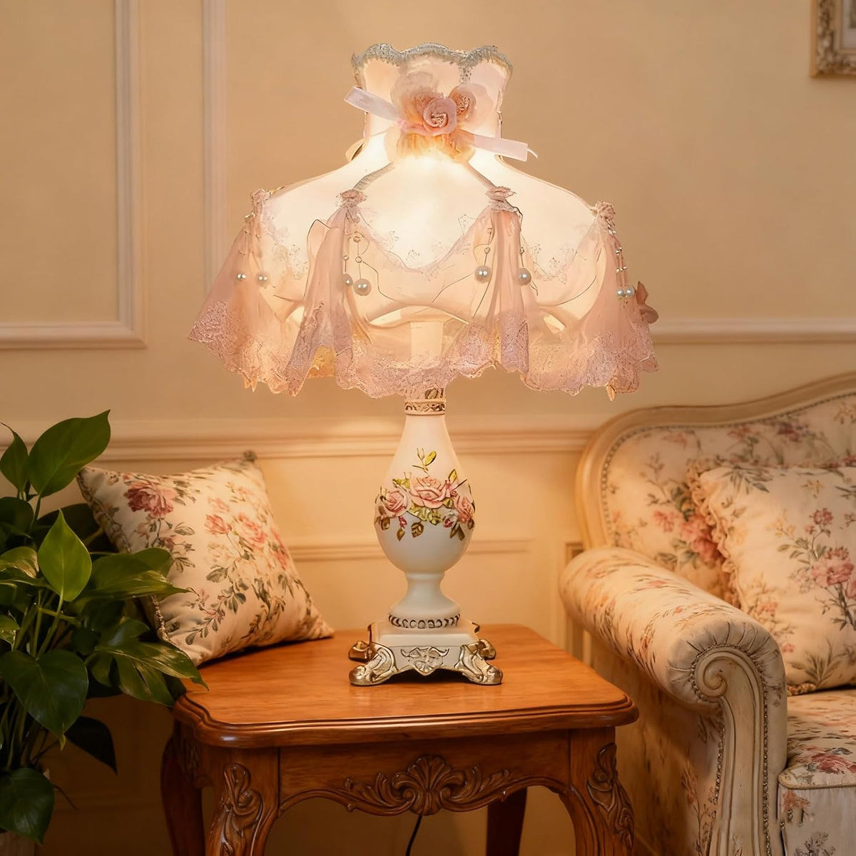Victorian Table Lamp with E26 Bulb and Button Switch Pink European Style Desk Lamp with Fabric Shade European Vintage Lights for Bedroom Living Room Office Study