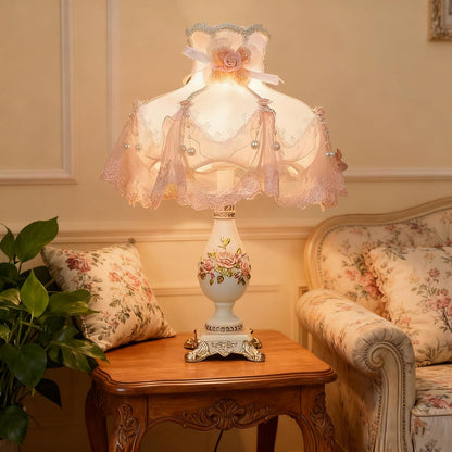 Victorian Table Lamp with E26 Bulb and Button Switch Pink European Style Desk Lamp with Fabric Shade European Vintage Lights for Bedroom Living Room Office Study