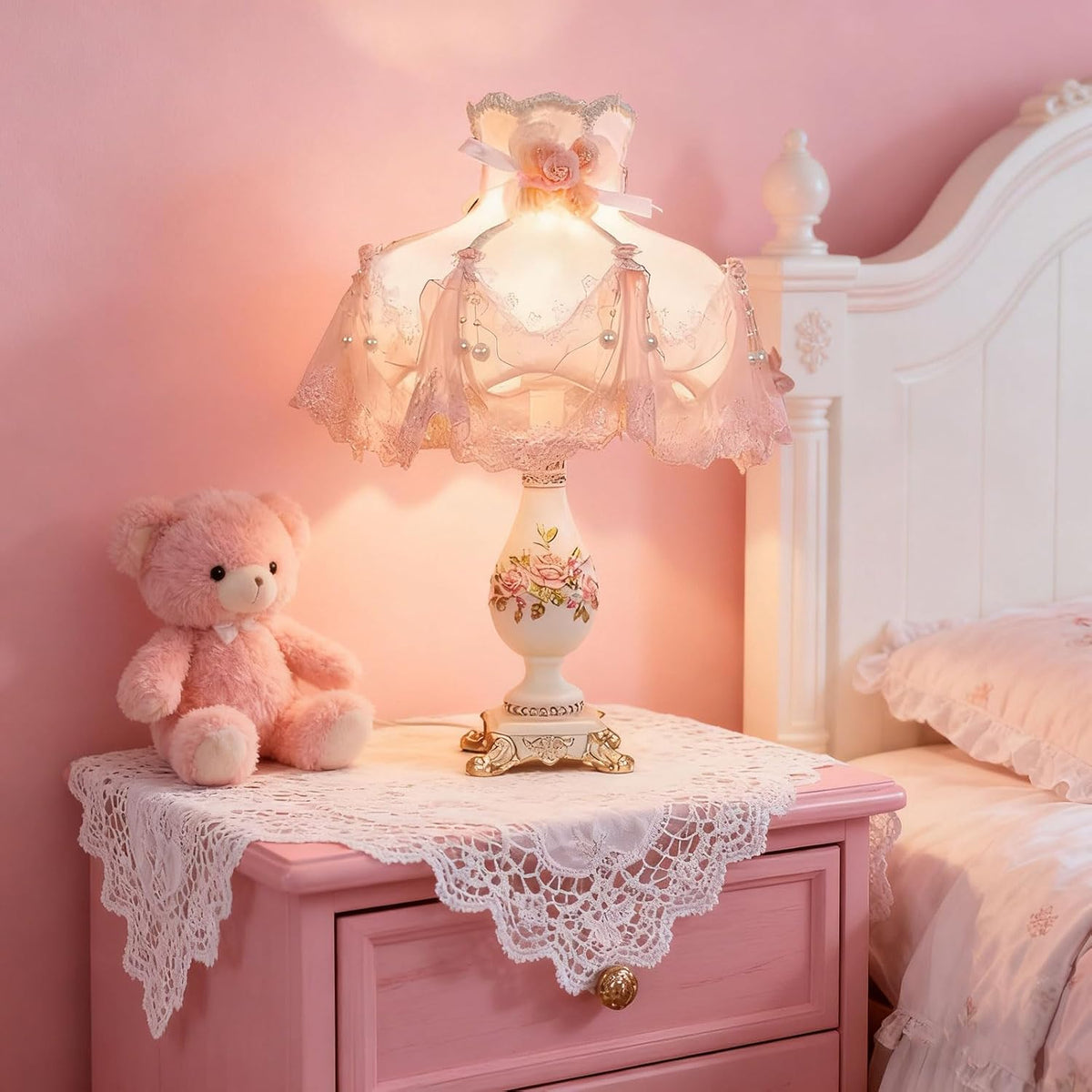 Victorian Table Lamp with E26 Bulb and Button Switch Pink European Style Desk Lamp with Fabric Shade European Vintage Lights for Bedroom Living Room Office Study