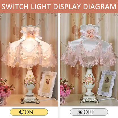 Victorian Table Lamp with E26 Bulb and Button Switch Pink European Style Desk Lamp with Fabric Shade European Vintage Lights for Bedroom Living Room Office Study
