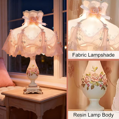 Victorian Table Lamp with E26 Bulb and Button Switch Pink European Style Desk Lamp with Fabric Shade European Vintage Lights for Bedroom Living Room Office Study