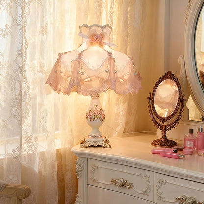 Victorian Table Lamp with E26 Bulb and Button Switch Pink European Style Desk Lamp with Fabric Shade European Vintage Lights for Bedroom Living Room Office Study