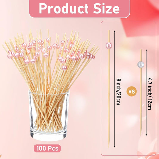 100 Pcs 8 Inch Long Pink Pearl Skewers Cocktail Picks, Party Favors