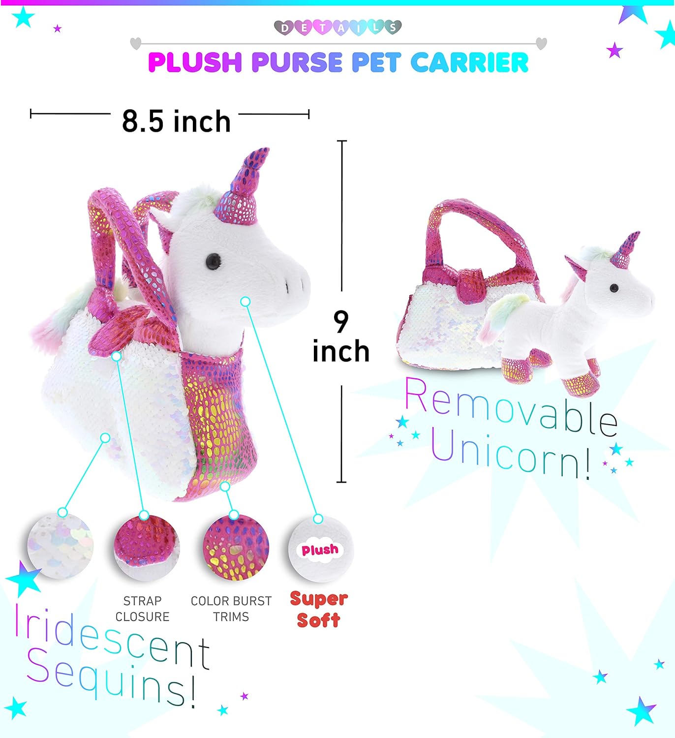 Pink Unicorn Plush Reversible Sequin Pet Carrier Handbag, White Sparkle Soft Stuffed Animal Carrier Toy Purse for Little Girls, Cute Toddler Girl's Pretend Play 9 Inch