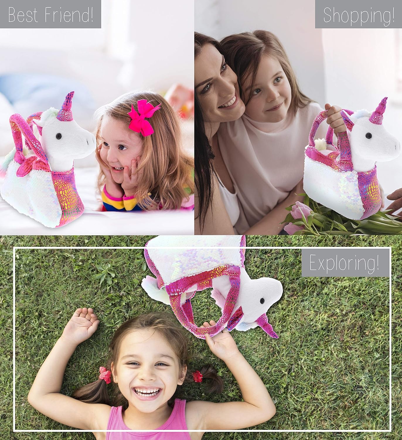 Pink Unicorn Plush Reversible Sequin Pet Carrier Handbag, White Sparkle Soft Stuffed Animal Carrier Toy Purse for Little Girls, Cute Toddler Girl's Pretend Play 9 Inch
