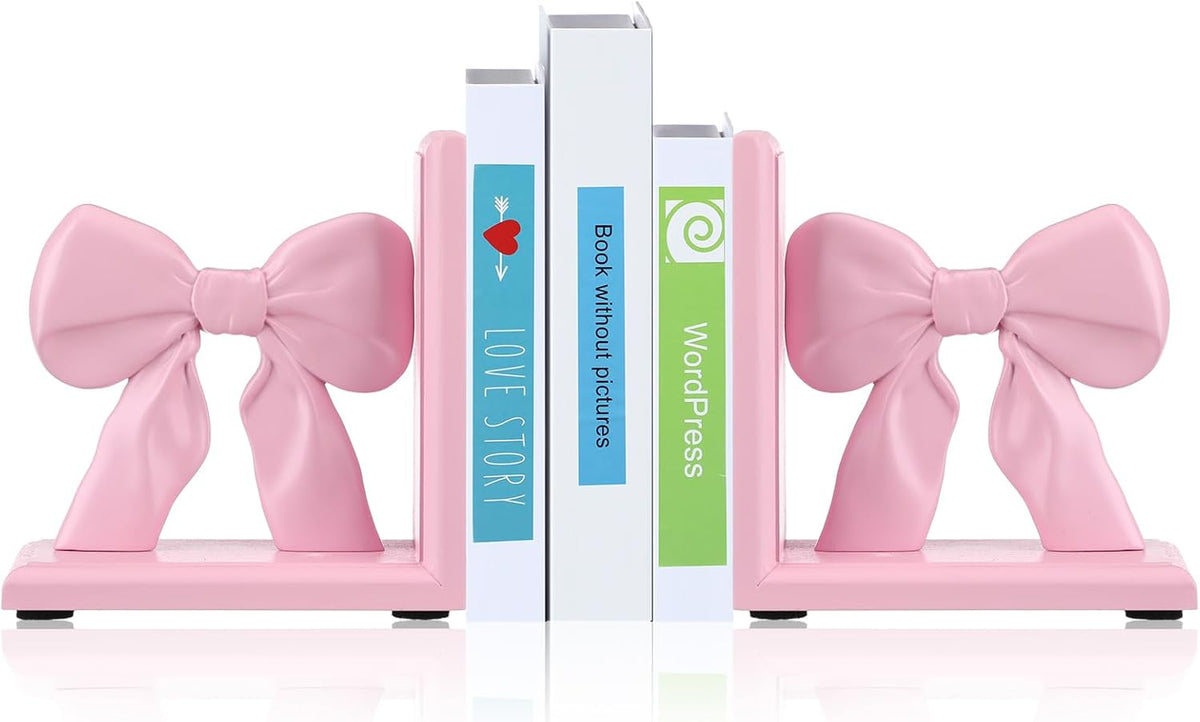 2 Pieces Pink Bow Bookends Cute Book Ends for Shelves