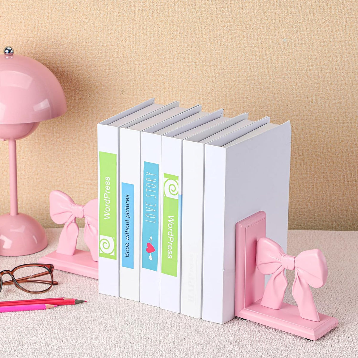 2 Pieces Pink Bow Bookends Cute Book Ends for Shelves