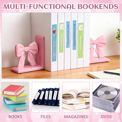 2 Pieces Pink Bow Bookends Cute Book Ends for Shelves